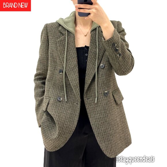 Oversized Hooded Blazer Jacket Wool Blend Double-Breasted Office Wear